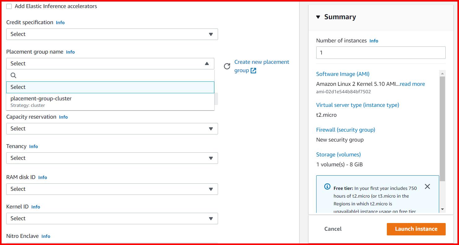Picture showing assigning the placement group to an EC2 instance